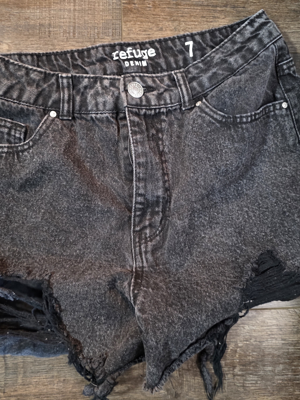 Refuge Denim Black Acid-Wash Distressed High-Waist Shorts